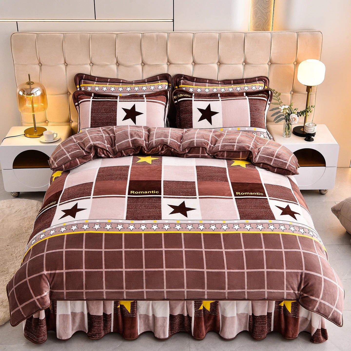 High GSM Milk Fleece Printed Four-piece Set with Bed Skirt  Quilt Cover Set