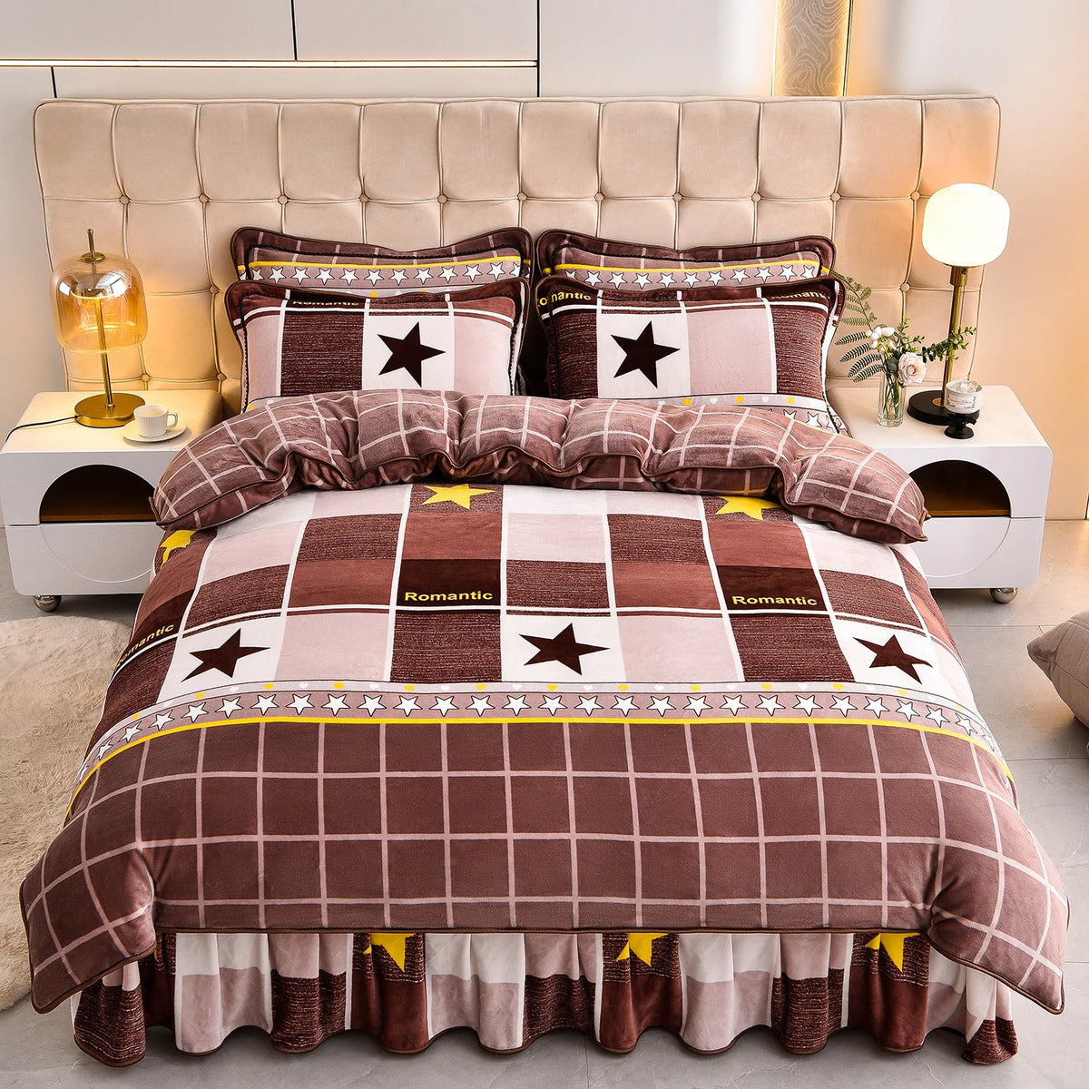 High GSM Milk Fleece Printed Four-piece Set with Bed Skirt Quilt Cover Set MegaBDM