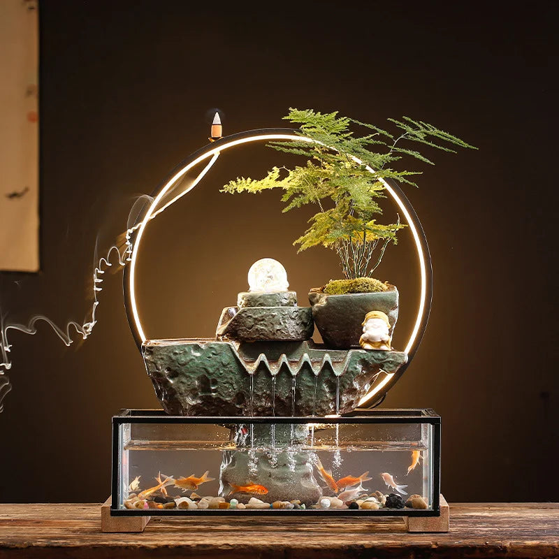 Feng Shui Ceramic Water Fountain Creative Flowing Ball LED Fountain Waterfall Glass Fish Tank Mist Maker Office Home Decoration