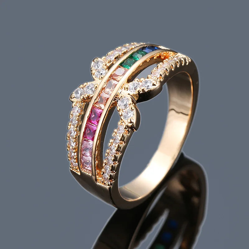 Fashion Retro Geometric Color Ring for Women Romantic Finger Jewelry  Gold Plated Full Colorful Rainbow Zircon Diamond Rings