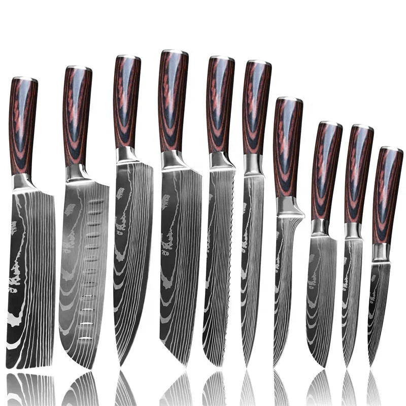 Japanese Chef Knife Set 10-Piece Stainless Steel Damascus Laser Pattern Wood/Epoxy Resin Handle Kitchen Metal Utensils