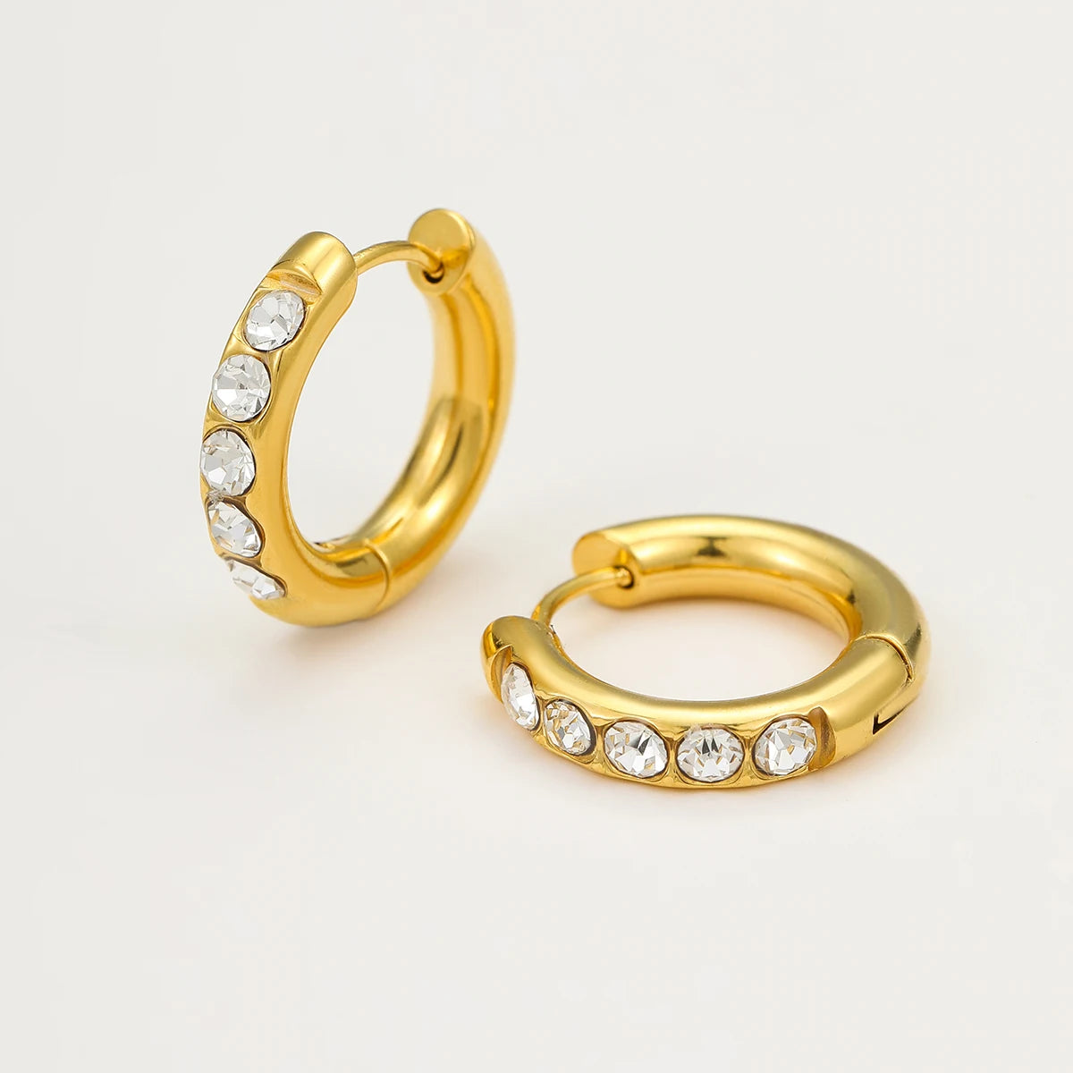 Women's Trendy 316L Stainless Steel 18K PVD Gold Plated Hoop Earrings Exquisite Crystal Hypoallergenic Small Size