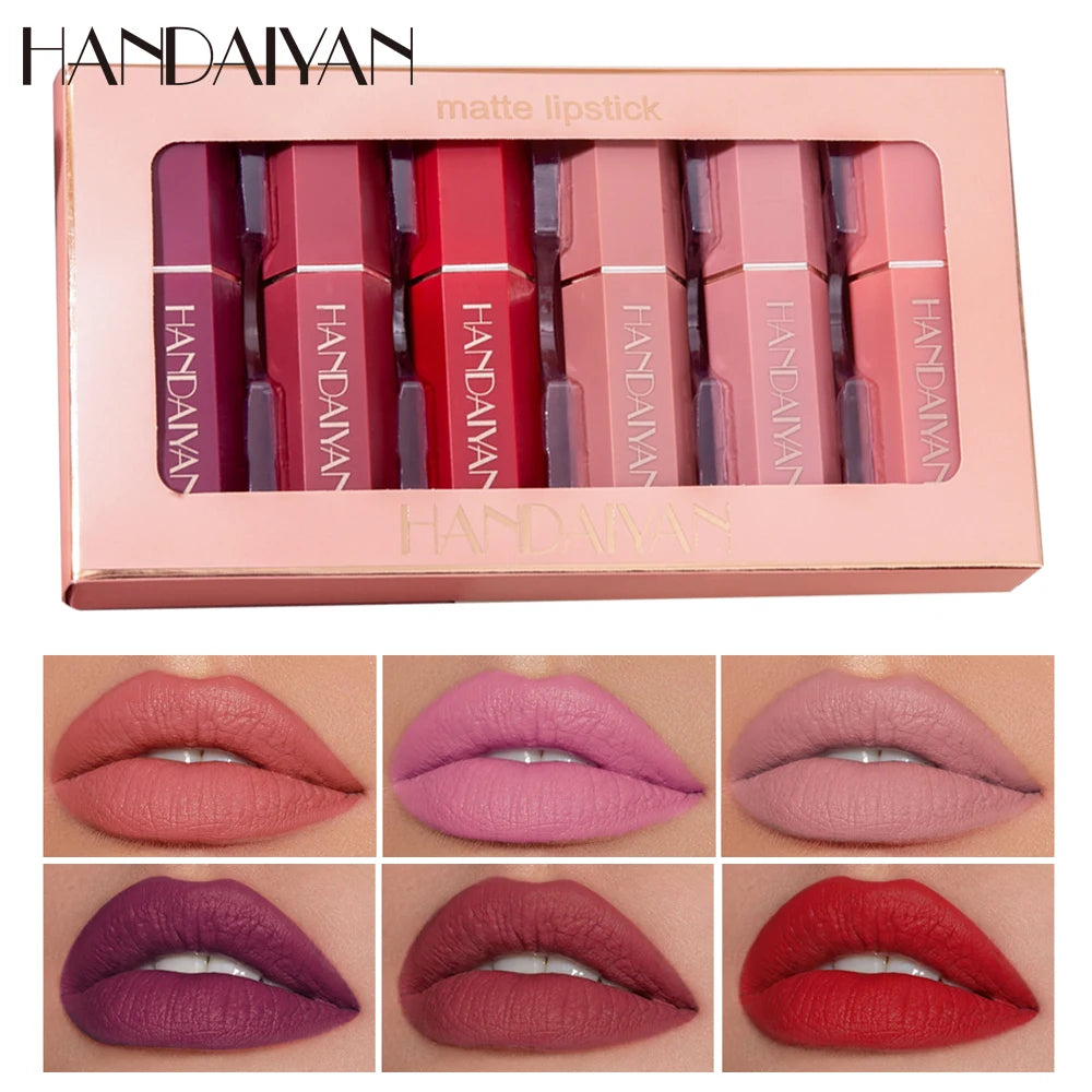 HANDAIYAN 6pcs in One Box Velvet Matte Lipstick  Set Waterproof Pigment Lipstick  Lasting Lipstick Never Fade Lip Stick Makeup