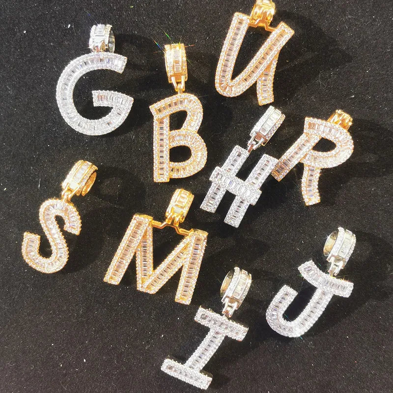 Custom  Hip Hop Gold Iced Out 26 English Alphabet J K N R P V Diamond Baguette Initial Charms Letter Pendant