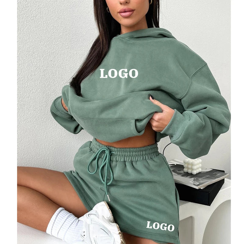 L800829 2026 Custom Logo Sportswear Short Sweat Suits Set Women Pullover Hoodie and Shorts Sets Women Lounge Wear Clothing