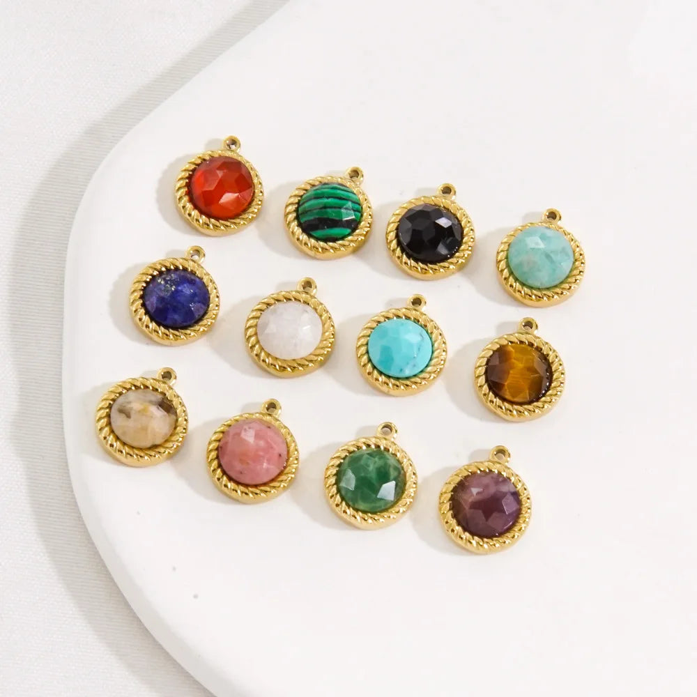 Retro 14K Gold Plated Round Charm Stainless Steel Natural Stone Pendant for Necklace Making Wholesale