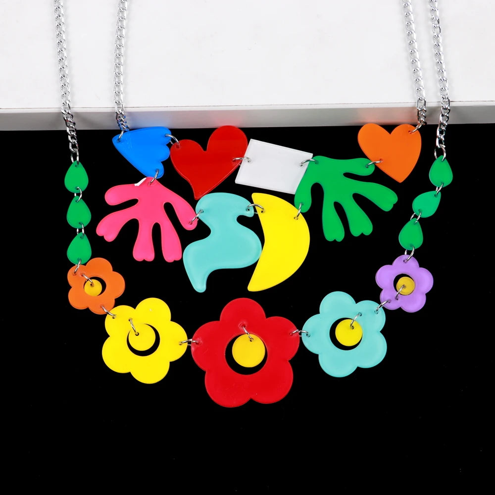 Japanese Korean Pop Hyuna Style Sweet Girl Resort Flower Leaf Geometric Figure Cut Shape Designer Acrylic Necklace