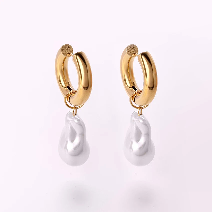 Dainty Stainless Steel Baroque Pearl Earrings Jewelry 18K Gold Plated Irregular Big Pearl Huggie Earrings for Women