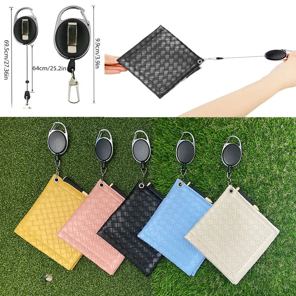 Promotional Portable  PU Woven Pattern Golf Cleaning Tool /Golf Towel  with Retractable Hook  for Clean Club and Balls