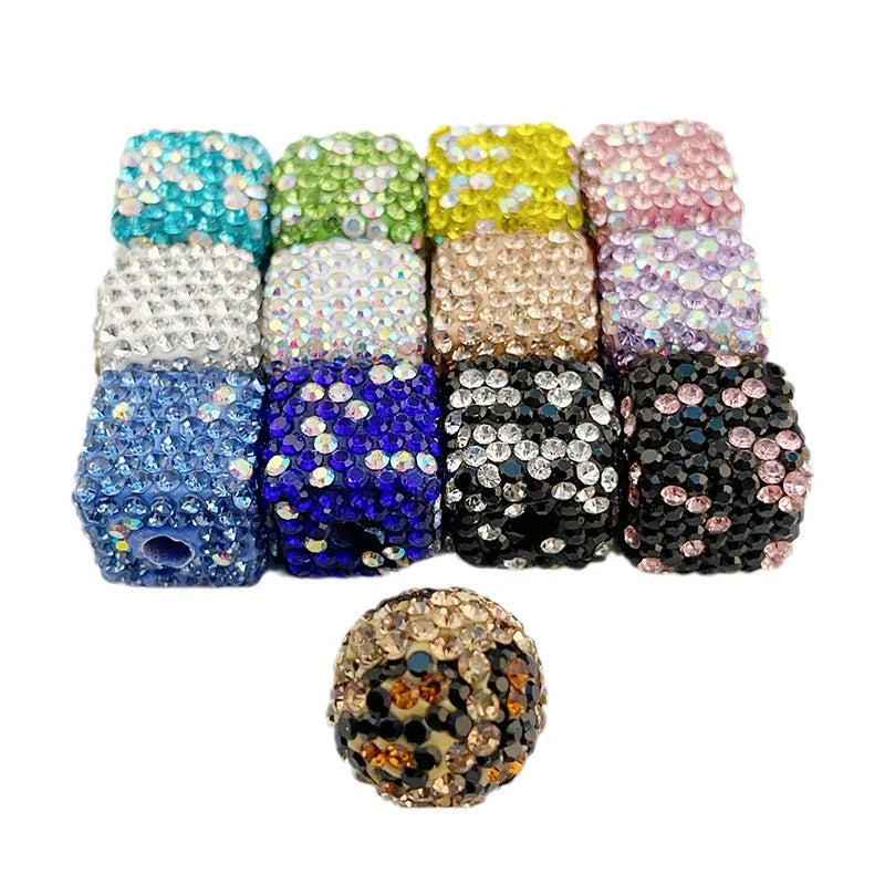 Square Disco Ball Beads with Rhinestone Pave Ceramic Clay Porcelain for Jewelry Caps