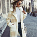 Vintage Style Long Fleece Coat Plaid Print Women's Navajo Casual Loose Coats Featuring Long Sleeves Pockets