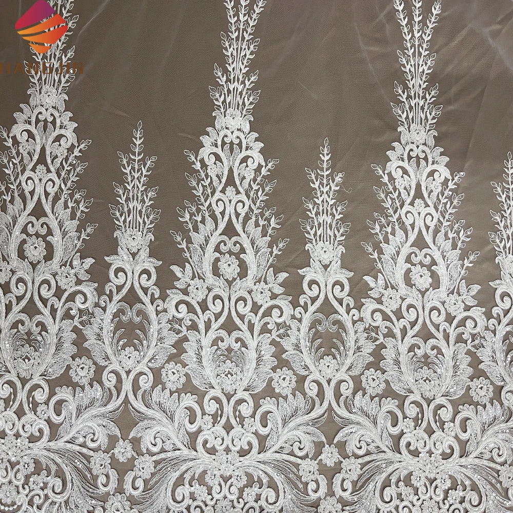 Luxury African Bridal Embroidery Mesh Lace Fabric for Wedding Dress Making European Handmade Ivory White Beaded Lace Fabrics