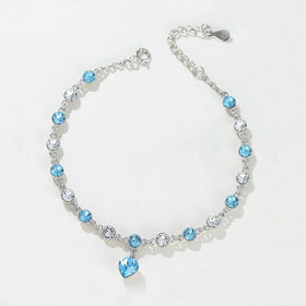 925 Sterling Silver Bracelet with Blue Crystal Beads Luxury Heart Pendant Trendy Women's Wedding Bracelet Bangle