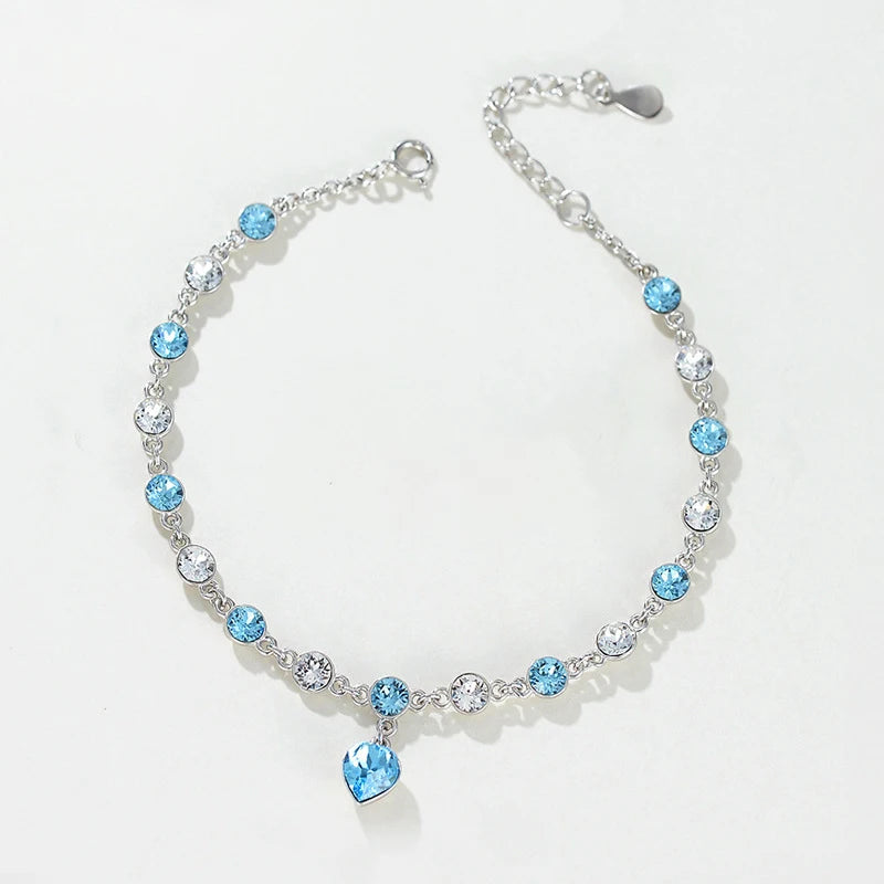 925 Sterling Silver Bracelet with Blue Crystal Beads Luxury Heart Pendant Trendy Women's Wedding Bracelet Bangle
