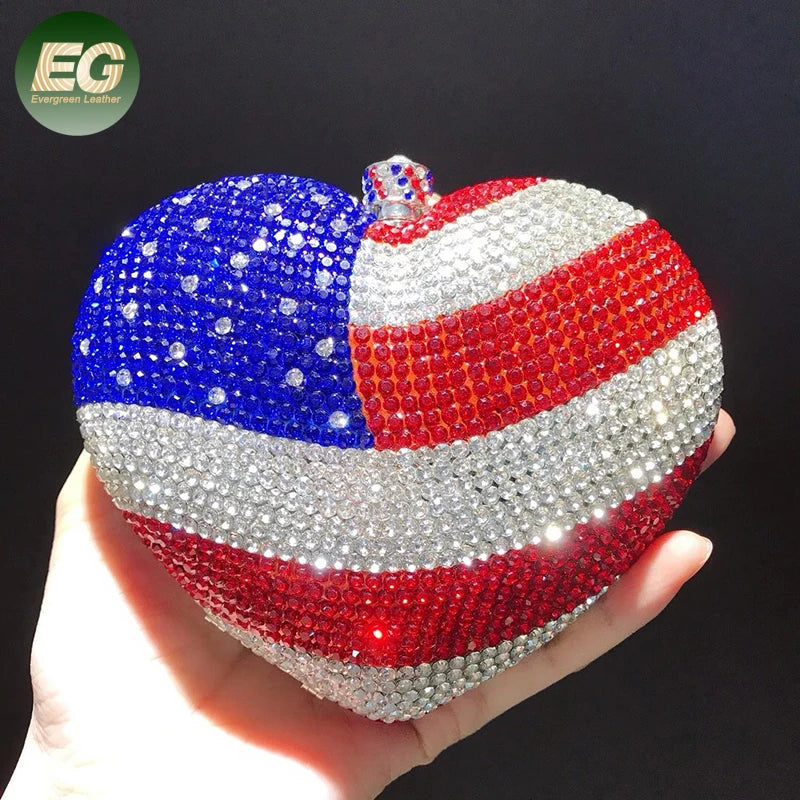 LEB1500 American Flag Rhinestone Purses Clutch Evening Shaped Dazzling Crystal Bling Heart Purse