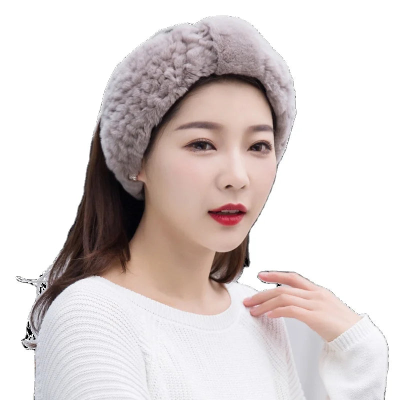 MWFur Cute Elastic Hand Knit Neck Ear Warmer Rex Rabbit Fur Scarf Fashion Rex Fur Headband for Women Winter Fashion
