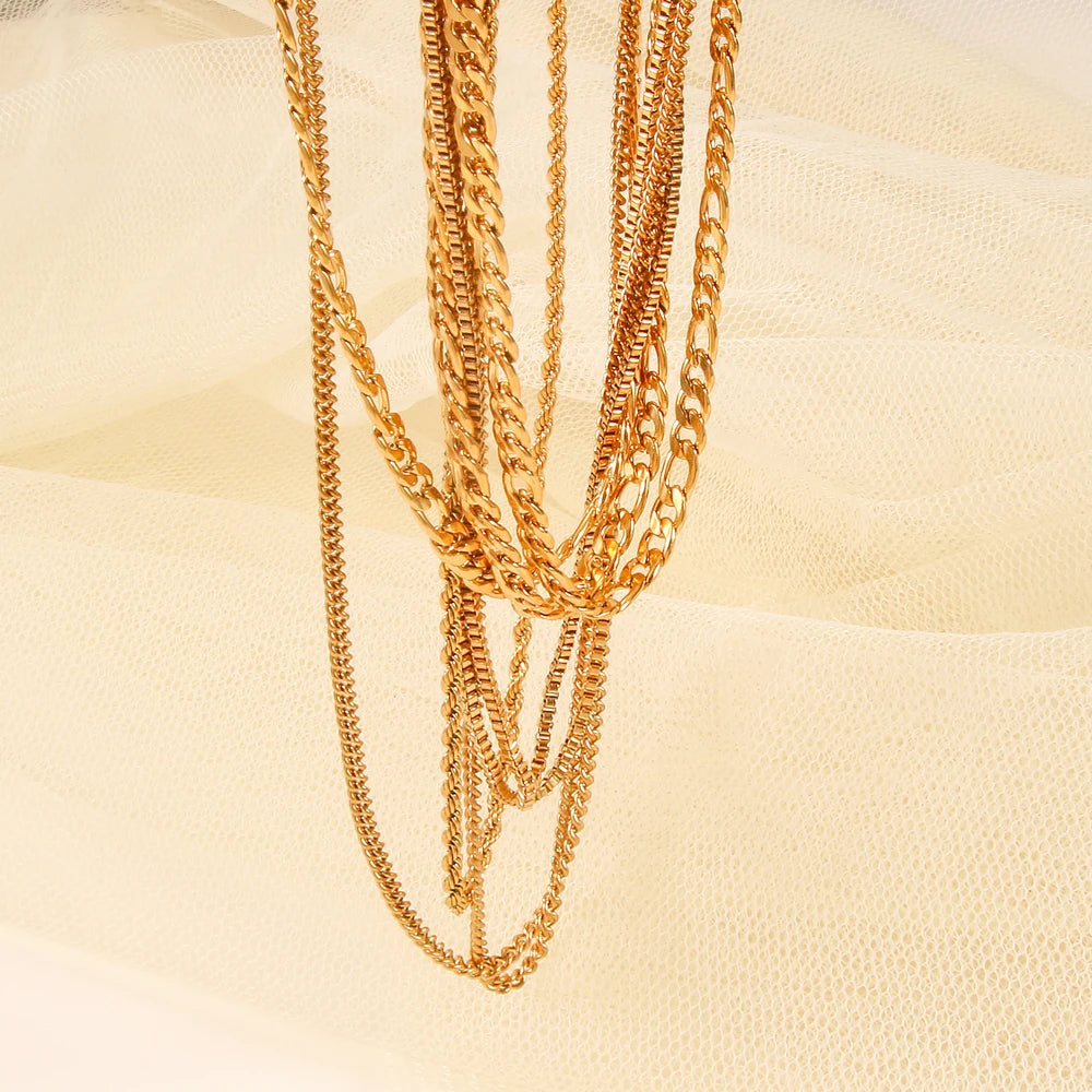 Tarnish Free PVD Plated Stainless Steel Thin Double Layered Chain Box Figaro Chain Necklace for Women Trendy Jewelry