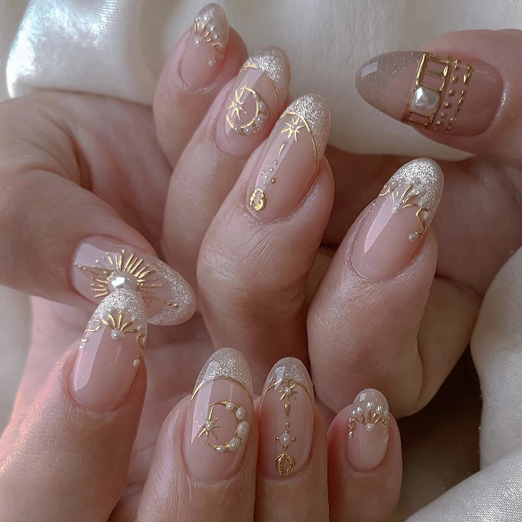 3650 Elegant Pink French Gold and Pearl Celestial Design Short Almond False Nail Press on Nail Artificial Fingernails Customize