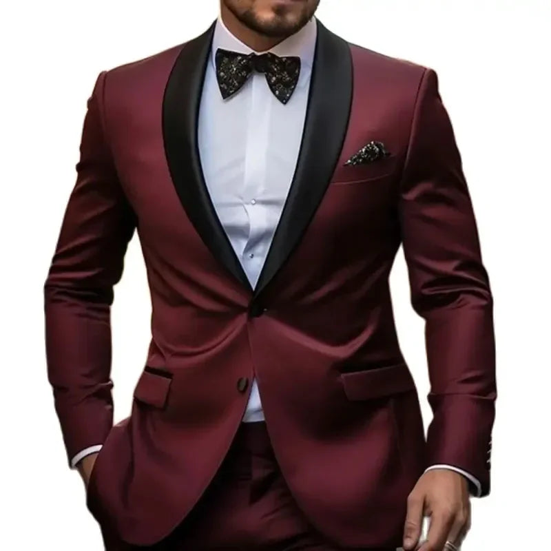 Men's Suits Skinny Burgundy Outfits Black Shawl Lapel Single Breasted 2 Piece Jacket Pants Formal Full Set Wedding Male Clothing