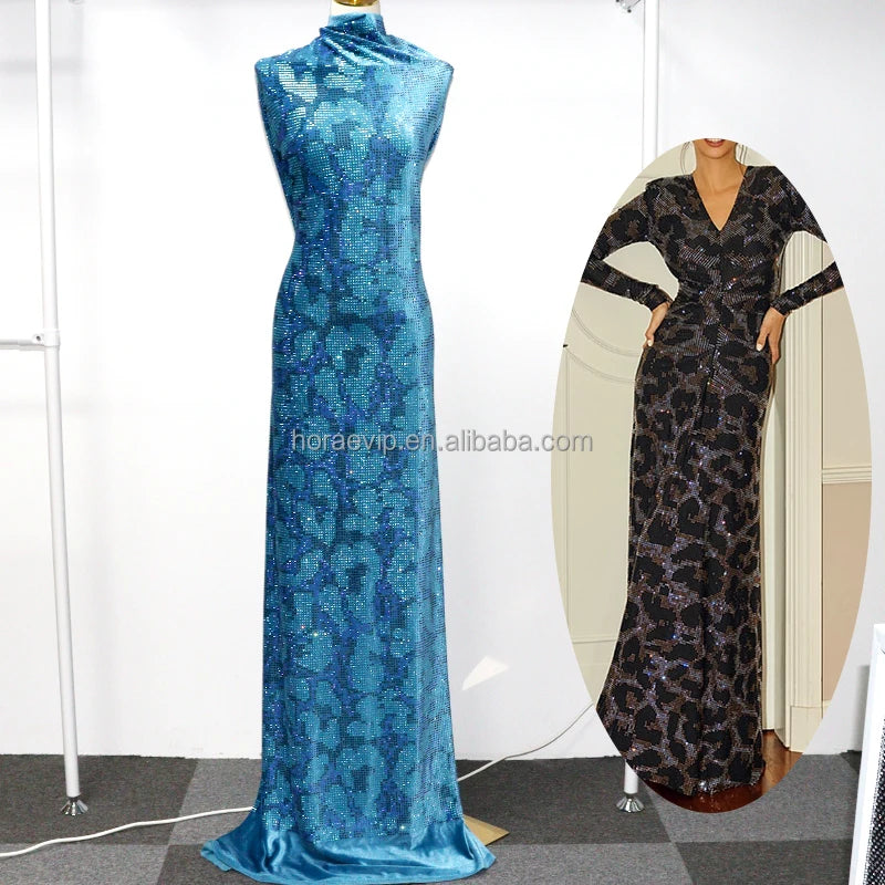 F001 Velvet Shiny Crystal Fabric Stretch Rhinestone Beaded Fabric Eco Friendly Soft Dress Fabric