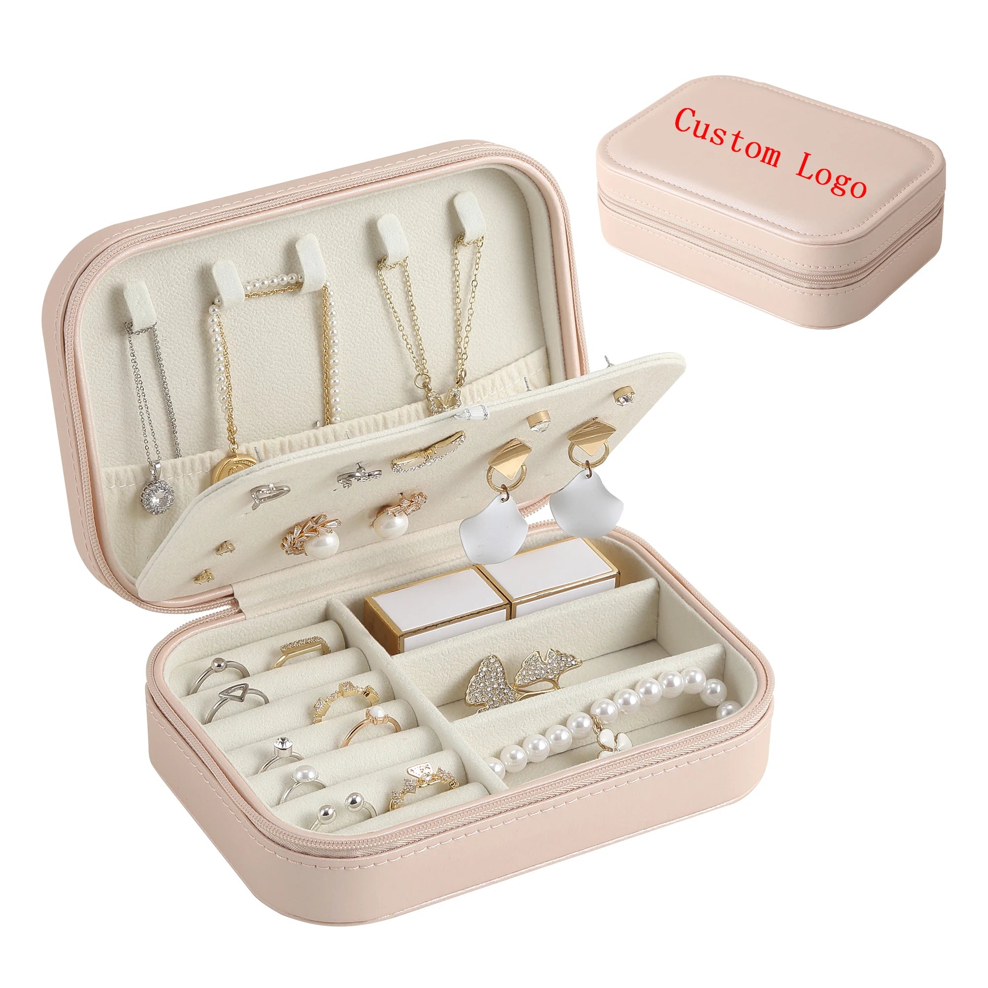 Wholesale Custom Logo Pink Jewelry Box Organizer With Logo Zipper Small Travel PU Leather Earrings Ring Jewelry Gift Case