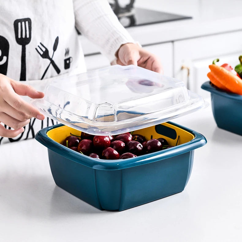 HelloWorld Creative and Multi-functional Double-layer Covered Asphalt Basket Kitchen Refrigerator Asphalt Crisper Plastic Fruit Storage Basket
