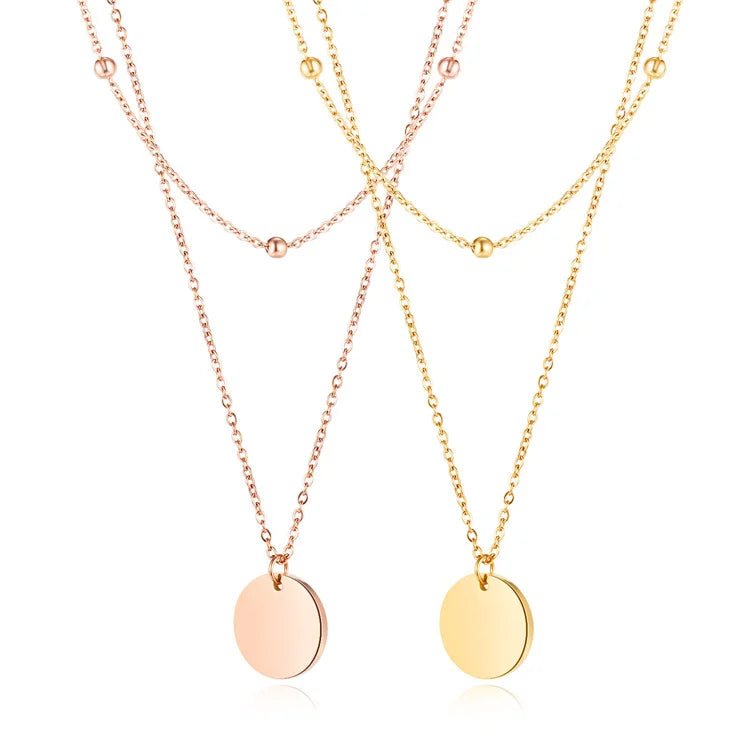 Double Layer Tassel Pendant Blank Women's Stainless Steel Rose Gold Plated Round Charms Beaded Chain Necklace Gift