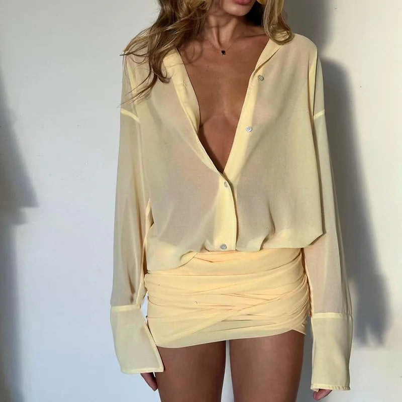 Ruched See Through Dress Women Patchwork Single-Breasted Full Sleeve Bandage Tassel Trend Streetwear Mini Bodycon Dress