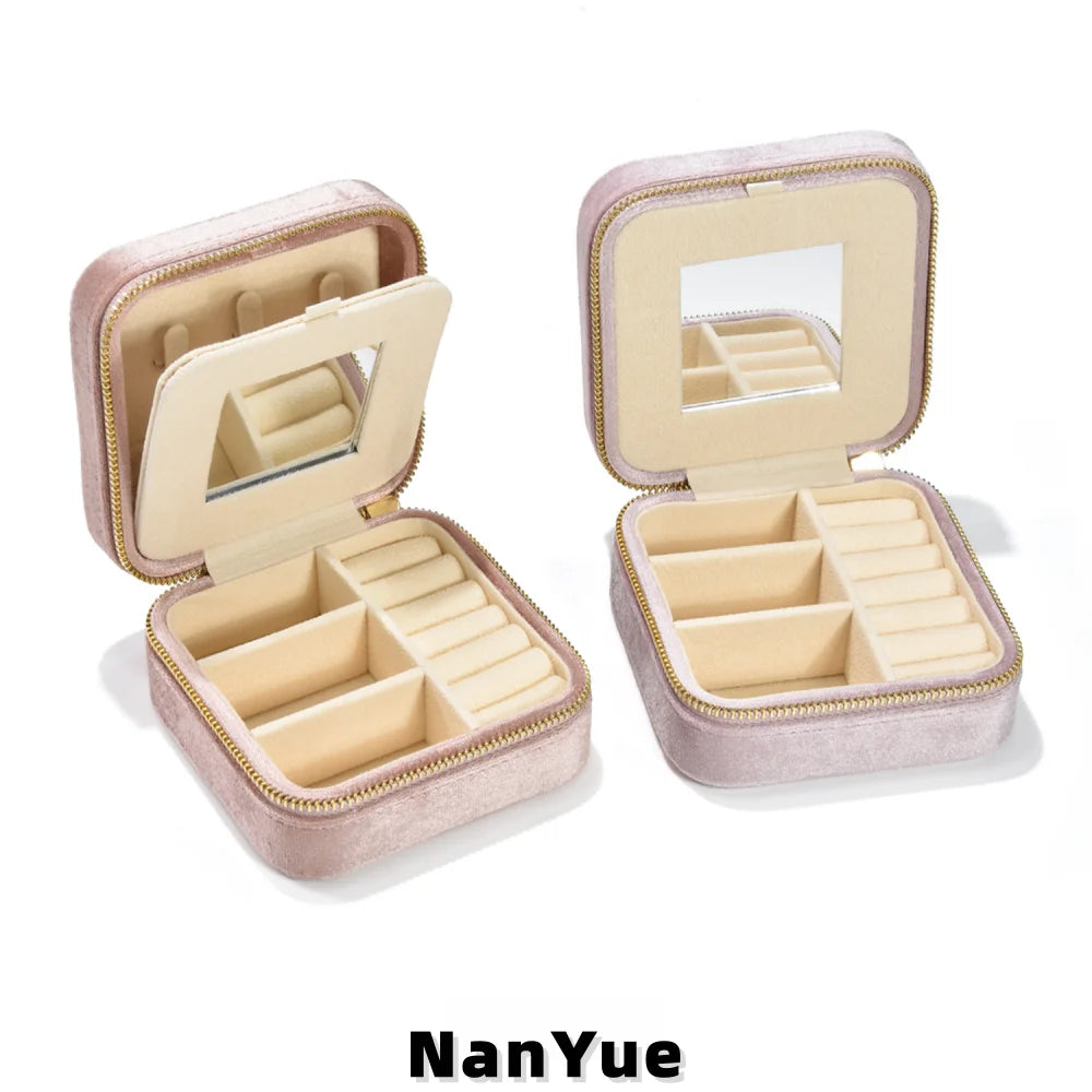New Square Luxury Velvet Jewelry Box with Mirror Zipper Custom Logo Portable Travel Rings Earrings Necklaces Jewelry Storage Box