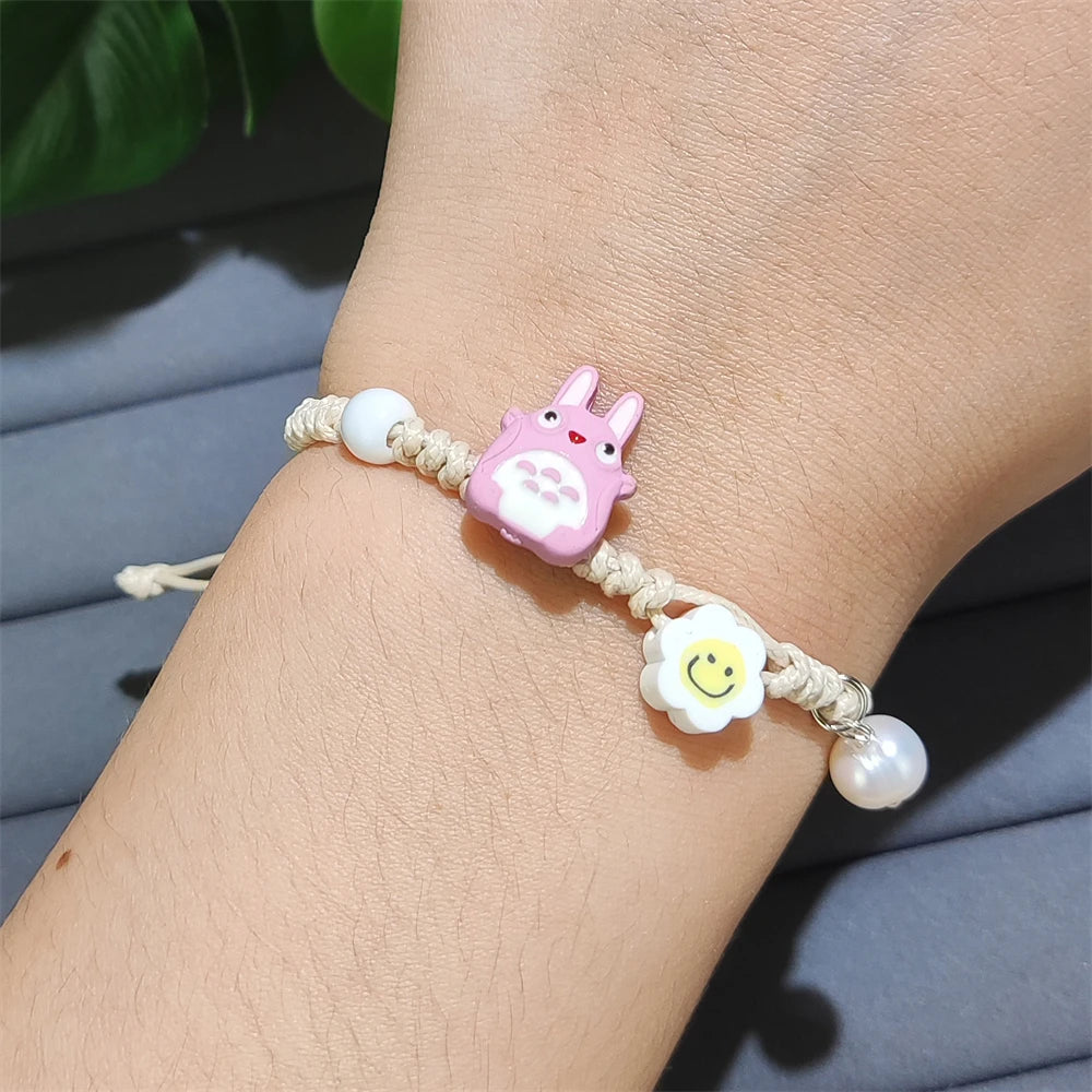 Lovely Jewelry Popular Real Pearl Pendant Handmade Braided Rope Bracelet Rabbit Totoro Animation Theme Beaded Bracelet for Gifts