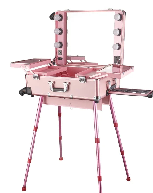 Aluminum Frame Professional Rolling Studio Makeup Artist Cosmetic Case Beauty Trolley Suitcase LED Light Mirror Box