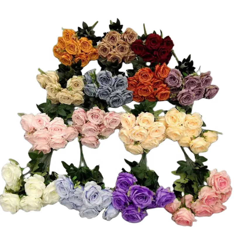 High Quality Wedding 9 Heads Rose Bushes Silk Artificial Rose Flower Bouquet for Home Decoration