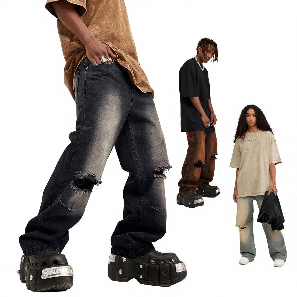 Trendy Brand Washed Men's Distressed Jeans Men's Straight Leg Jeans Men's Retro Loose Fitting Jeans