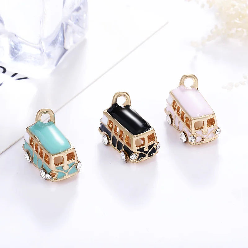 Lovely Bus Pendant Jewelry Accessories Rhinestone BRT Car Enamel Charms Gold Tone Oil Drop DIY Bracelet Floating