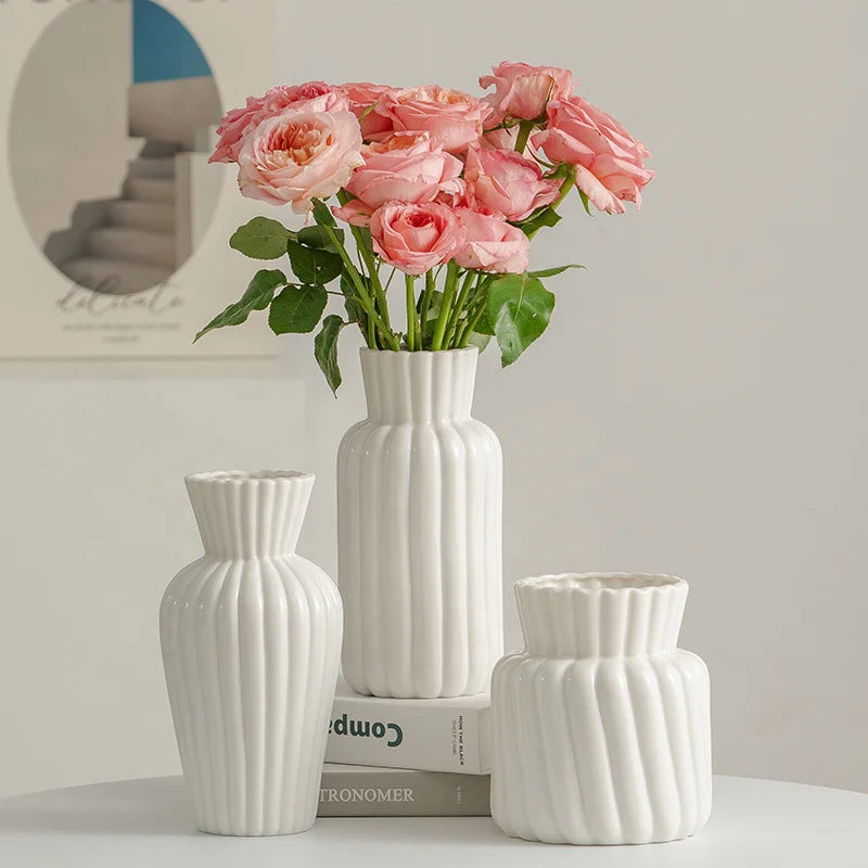 White Nordic Simple Ceramic Dry Flower Vase Hydroponic Home Living Room Table Flower Arrangement Decoration Flower Device