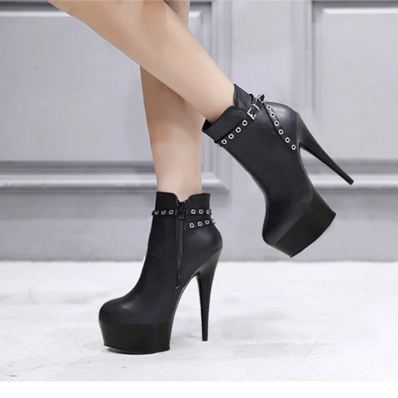 New women's large thick heel round head black 15 cm 6 inch high heels large women's short boots combat boots fashion boots