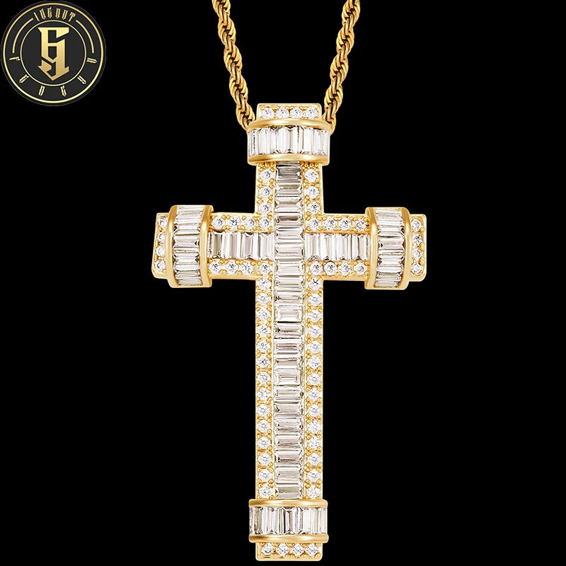 Trendy Gold Plated Cross Pendant Baguette Cubic Zirconia Bling Full Iced Out Diamond Brass Hip Hop Cross Pendant for Men