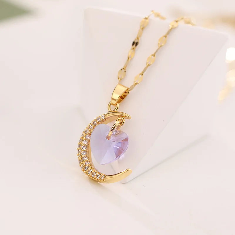 New Minimalist Crystal Necklace Moon Star Pendant Necklace Stainless Steel Necklace for Women