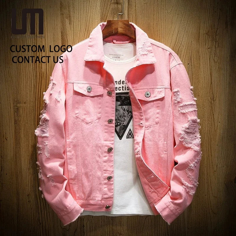 2025 New Men's Denim Jacket | Fashion Ripped Hole Design | Spring/Autumn Cotton Coat | Solid Color Casual | OEM/Wholesale