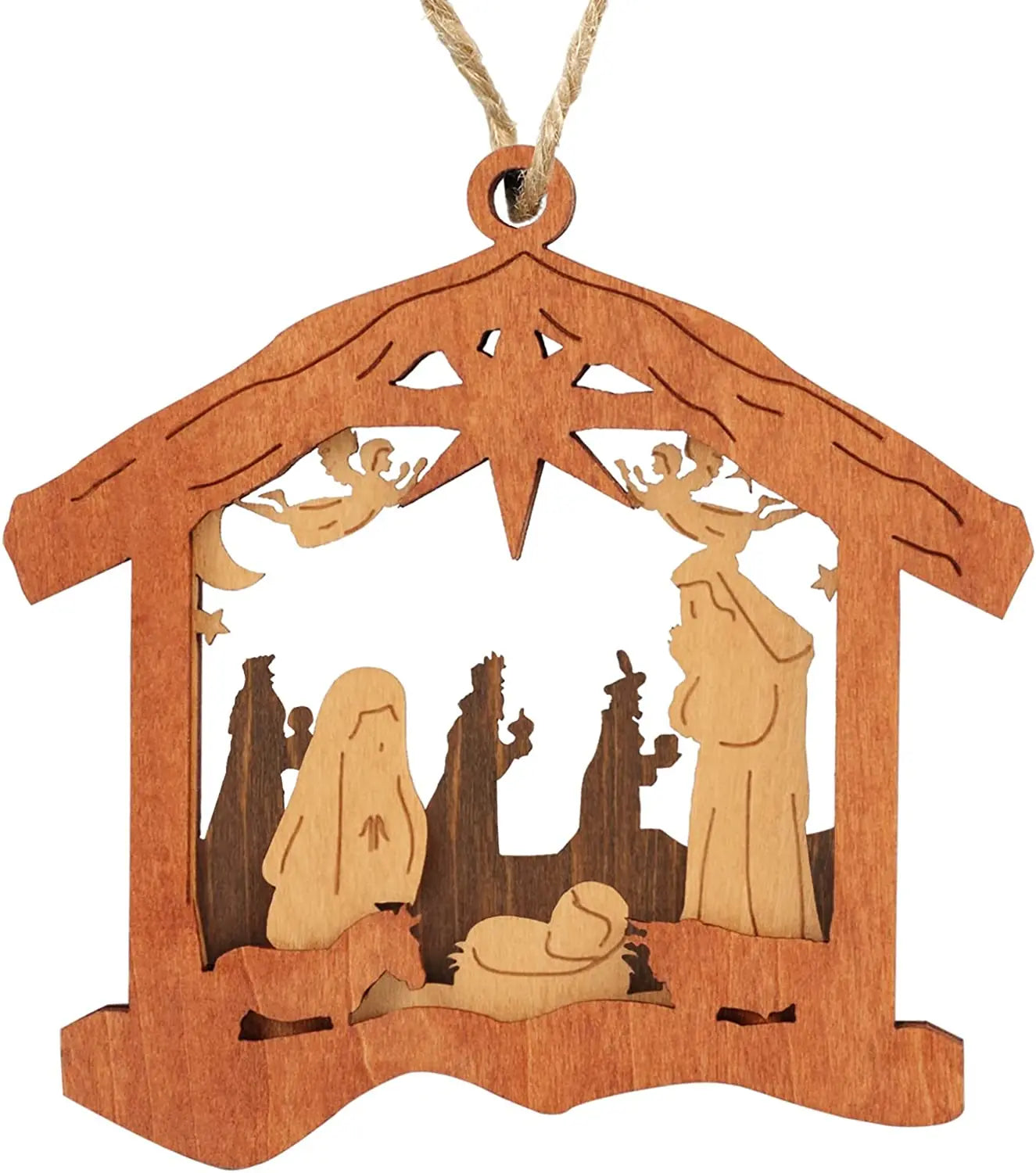 3D Handmade Wooden Christmas Tree Ornaments Layered Nativity Scene for Religious Christmas Decor