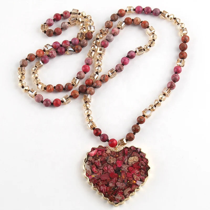 Fashion Boho Jewelry Accessories Natural Stone  6mm Imperial Jasper Crystal Glass Knotted Love Unique Heart Pendant Necklace