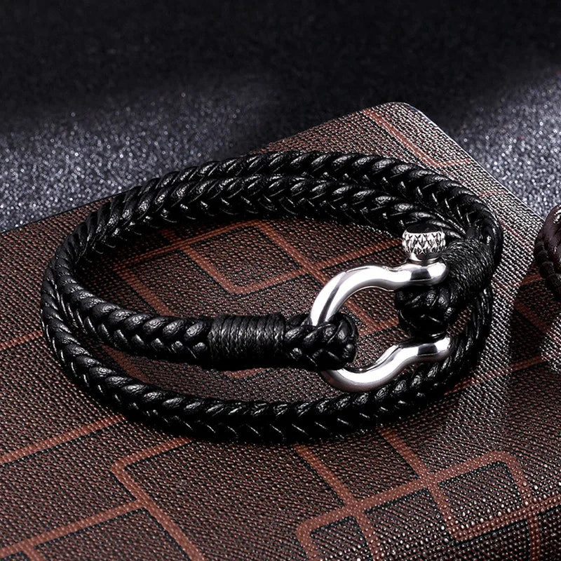 Fashion Black Brown Genuine Leather Braided Bracelets Stainless Steel Horseshoe Screw Shackle Bracelet for Men Jewelry