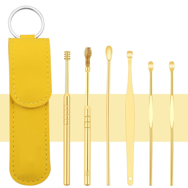 Wholesale 6pcs Rose Gold Ear Cleaning Tool Kit Stainless Steel Earpick Cleaner Spoon Earwax Remover with PU Leather
