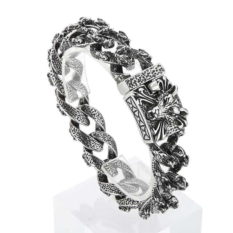 KALEN Stainless Steel 220mm Punk Beast Wolf Pattern Link Bracelets for Men