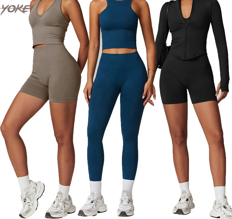 Custom YOKE Women's Gym Active Wear Set High Waist Fitness Yoga Leggings & Scrunch Butt Sports Bra Plus Size Shorts