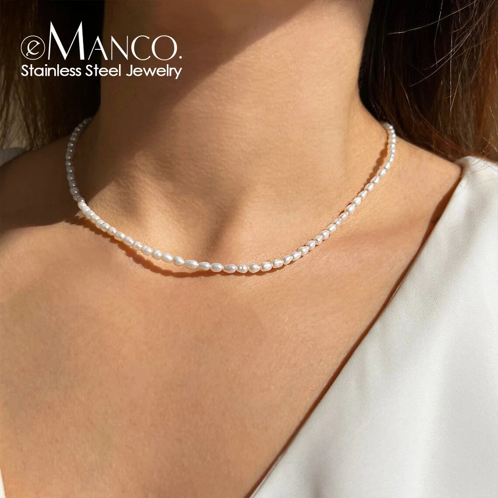 EManco 3MM Imitation Pearl Necklace Oval Rice Pearl White Stainless Steel Necklace Women's Collarbone Chain Wholesale