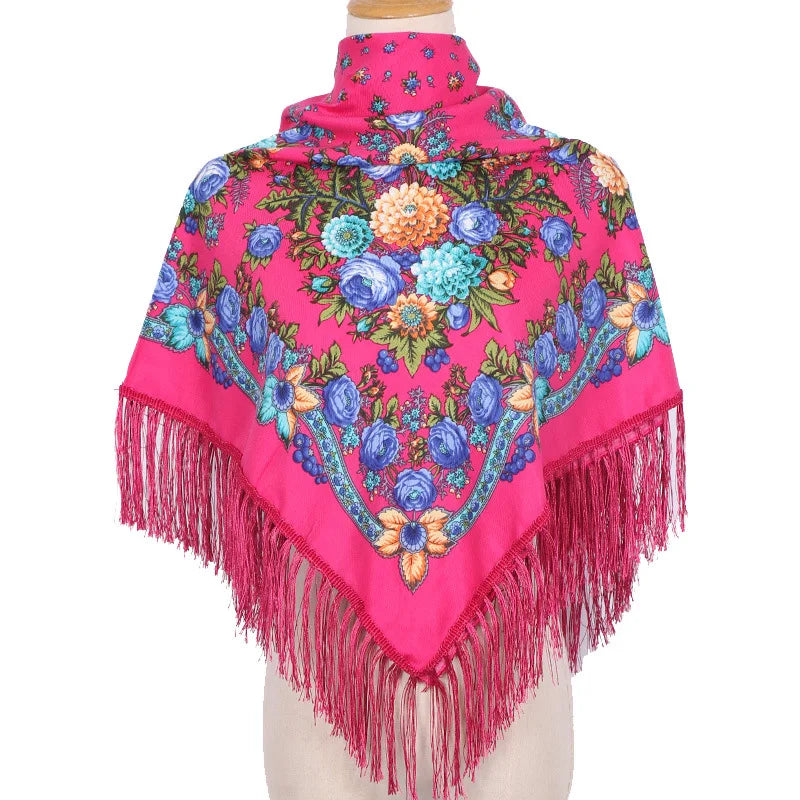 Women's New Ethnic Printed Tassel Shawl Warm Square Muslim Headscarf for Autumn Season