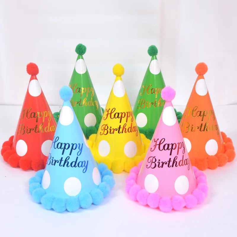 Children Party Cap Birthday Party Decoration Items Happy Birthday Paper Decorative Hat Plush Ball Hat