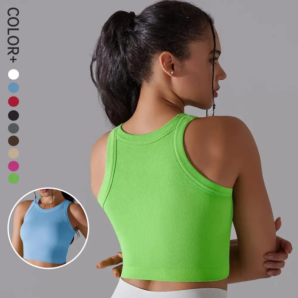 SHINBENE Sports Crop Tank Tops Basic Women Seamless Ribbed Round High Neck  Workout Top Casual Yoga Gym Vest