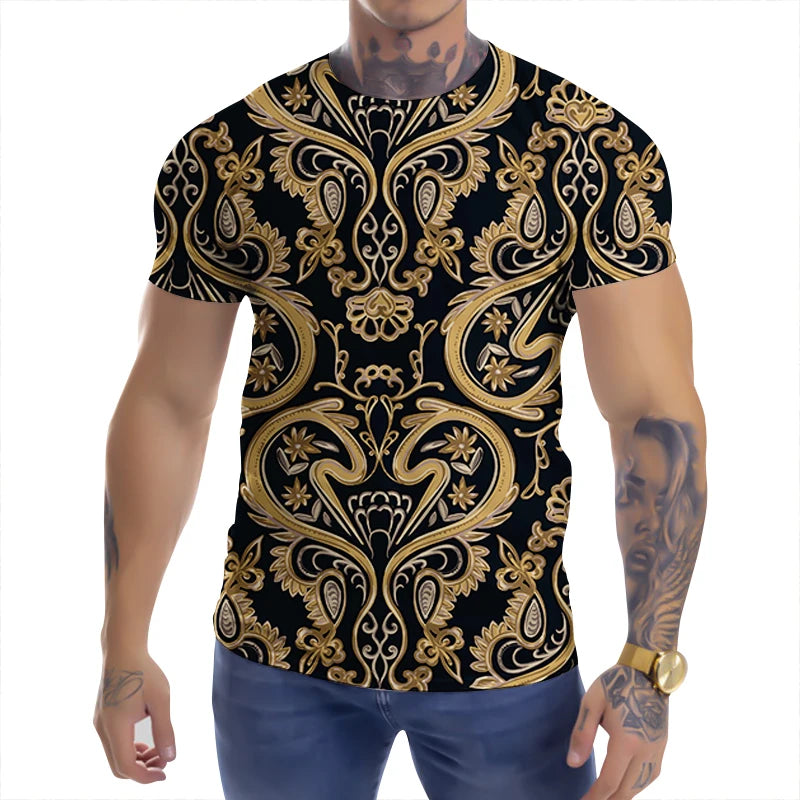 New Arrival Men's T-Shirt Baroque Pattern Digital Printing Vintage Twill Casual Streetwear Breathable Eco-Friendly